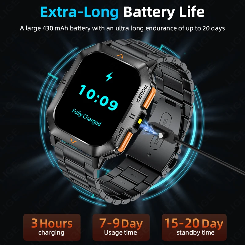 LIGE New Outdoor Military Smartwatch 430mAh Bluetooth Talking Smart Watch 2.01 Inch LED Sports IP68 Waterproof Fitness Watches