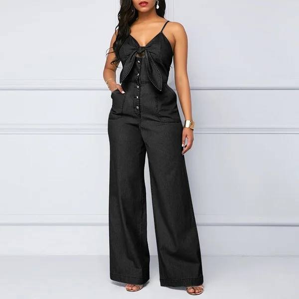 2023 Summer Women Denim Jumpsuit Fashion High Waist Wide Leg Long Pants Romper Front Tie Knotted Jeans V-neck Overalls Playsuits