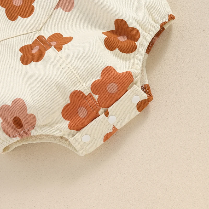 Blotona Baby Girls Overalls, Square Collar Sleeveless Flower Print Denim Romper Bodysuit with Pocket for Casual Daily