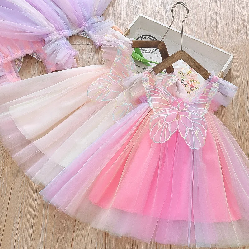 Kleinkind Mädchen Kleidung Flügelärmel Niedliches Prinzessinnen-Schmetterlings-Netzkleid Elegantes Regenbogen-Sommerkleid Strandkleid für Mädchen – Detail 4