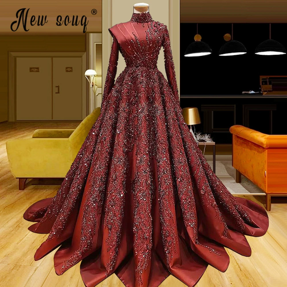 

Burgundy Luxury Dubai Muslim A Line Evening Dress Long Sleeves Turkey Formal Gown Party Beaded Prom Dress Dinner Gowns Robes