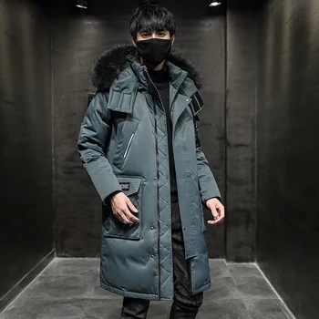 2026 New Men's Mid-Length Hooded down Jacket Thickened Fur Collar Couple Workwear Simple Pure Color Winter Outerwear