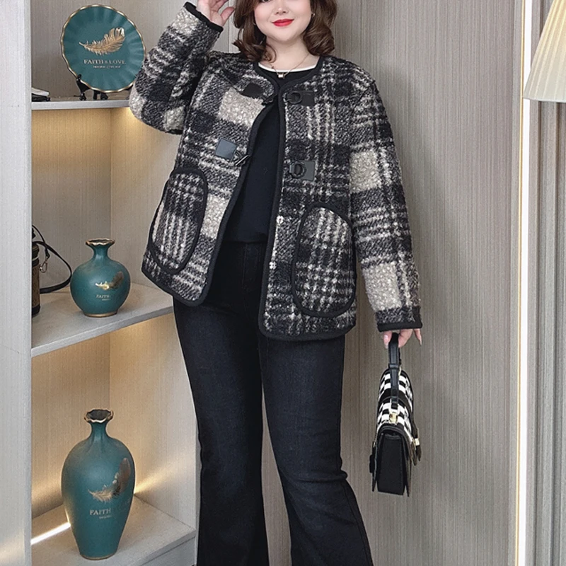 Chic Fleece-lined Woolen Coat Women 2024 Plus Size Autumn Winter Loose Casual Plaid Jacket 694