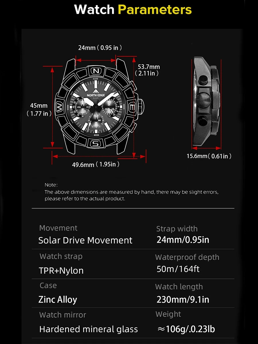 NORTH EDGE 2025 BLAZE Men's Watches Solar Power 316 Stainless Steel Case Quartz Watch For Men Pilot Waterproof 50M Stopwatch_voghion.com