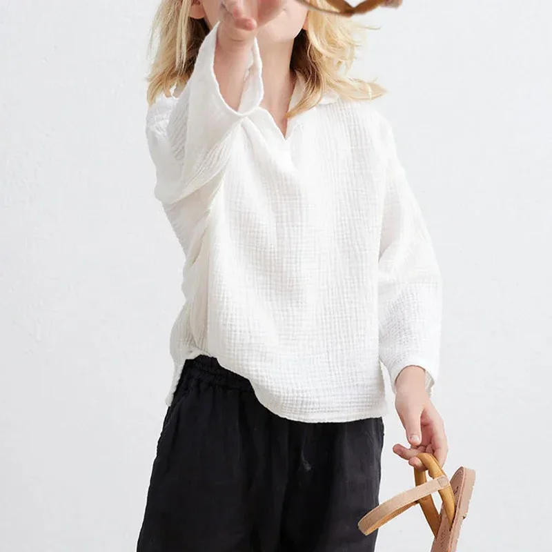 Cotton Soft Gauze Boys Polo Shirt Spring Autumn New Children's Turn-Down Collar Long Sleeves White Shirts