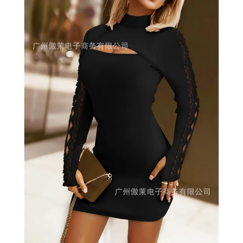 

Women's Solid Color Turtleneck Slim Fit Dress Spring 2024 Autumn New Dress Women's Sexy Long Sleeve Lace Hollow Out Mini Dress