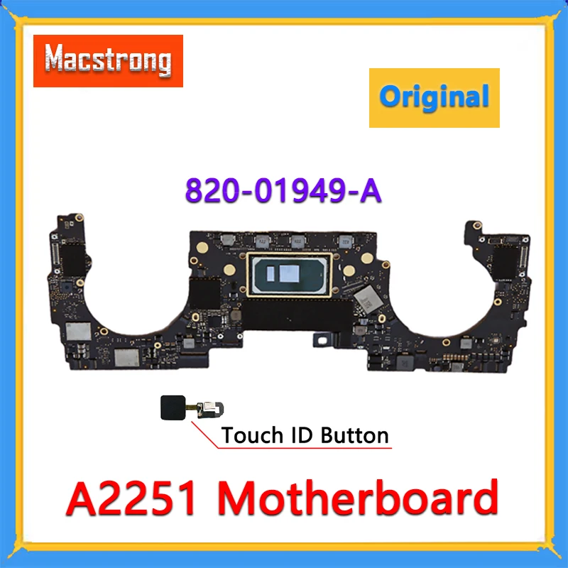 

Original A2251 Motherboard for Macbook Pro Retina 2020 13" 16G 512G A2251 Logic Board With Touch ID Button 820-01949-A EMC 3348