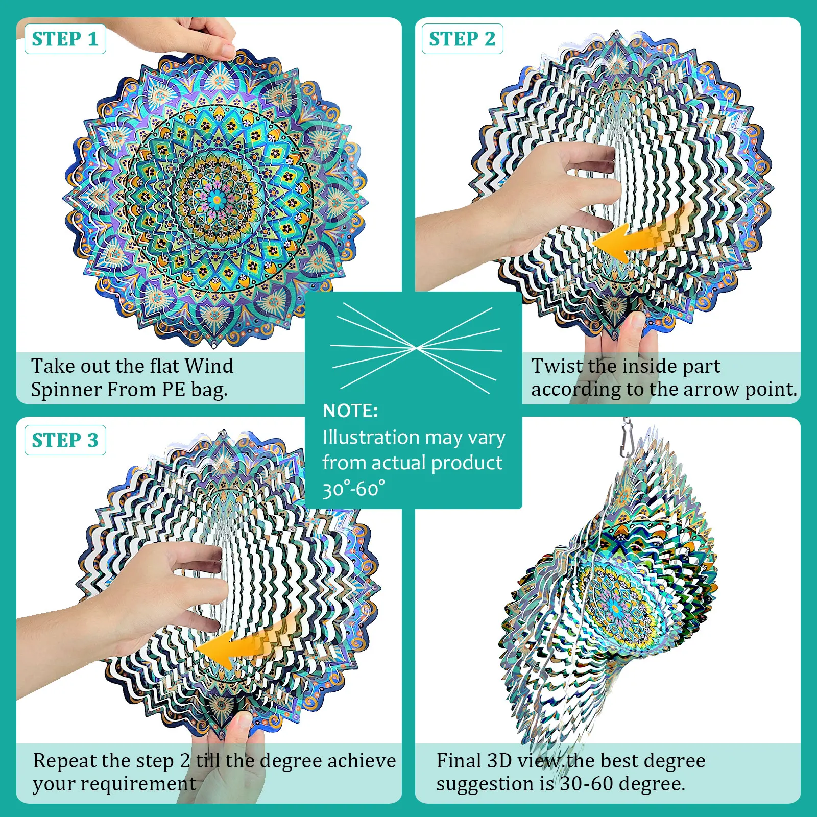Mandala wind spinner Peacock Blue Ocean 3D Stainless Steel Gift Christmas Patio Garden decor patio art Solar Wind Spinner
