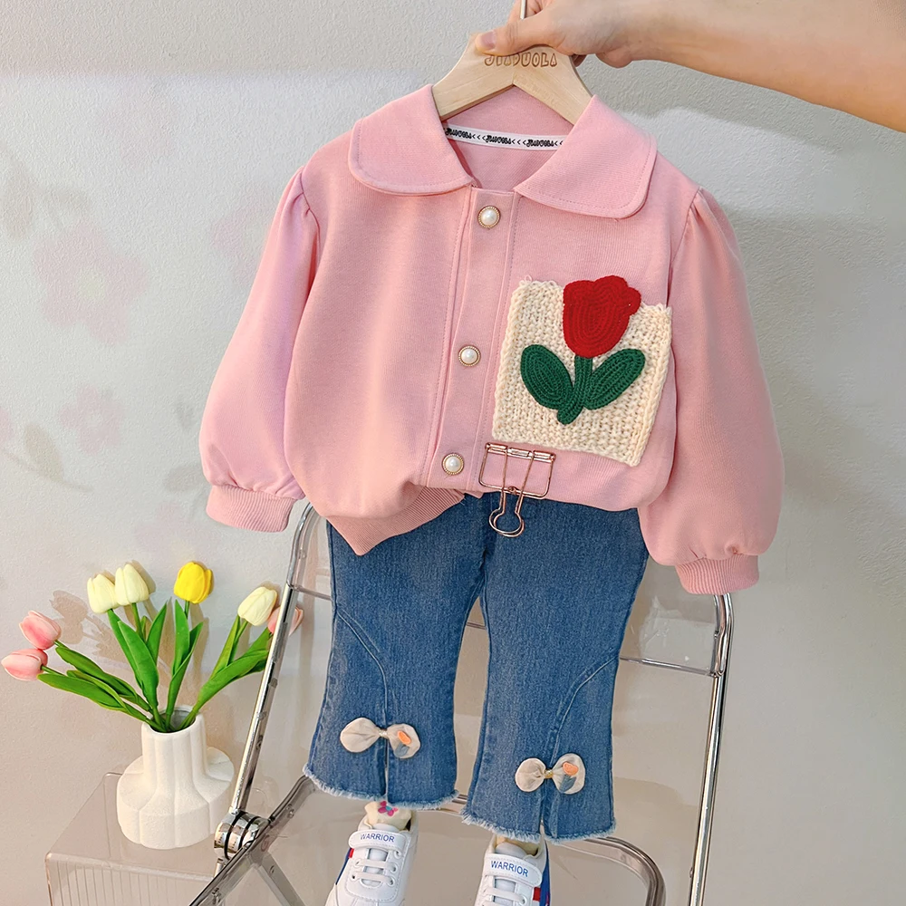 

2023 Spring Baby Girls Clothing Sets Kids Floral Cardigan Tops Jeans 2 Pcs Suits Children Costume Infant Casual Clothes Outfits