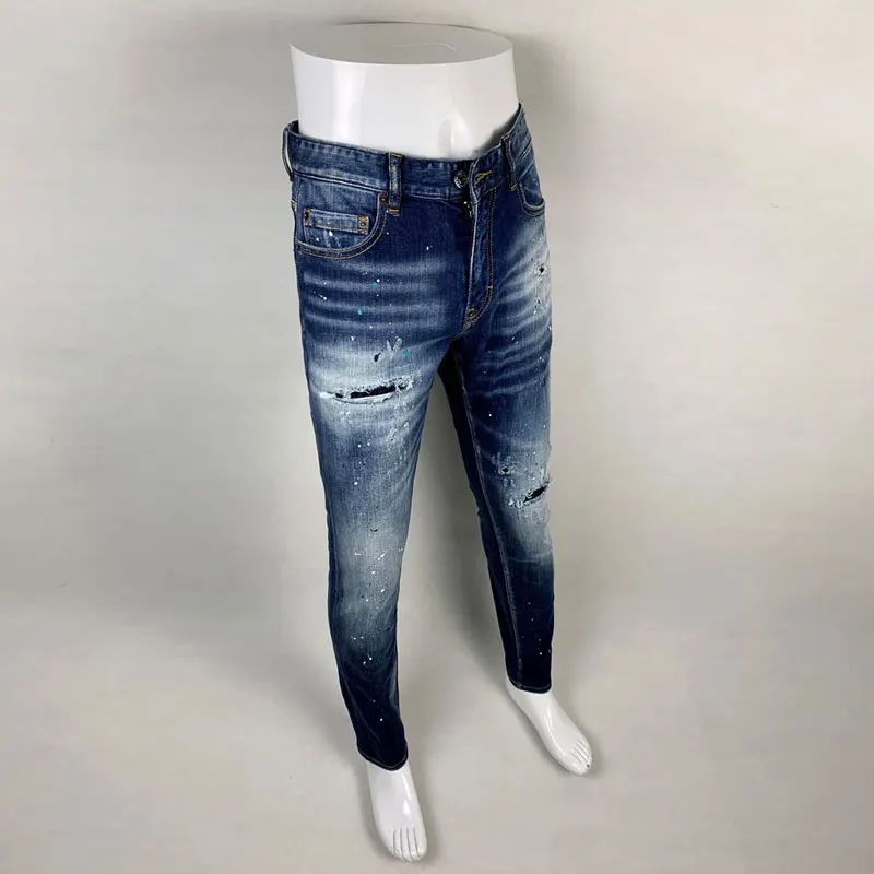 High Street Fashion Men Jeans Retro Blue Stretch Skinny Fit Hole Ripped Jeans Men Painted Designer Hip Hop Brand Pants Hombre