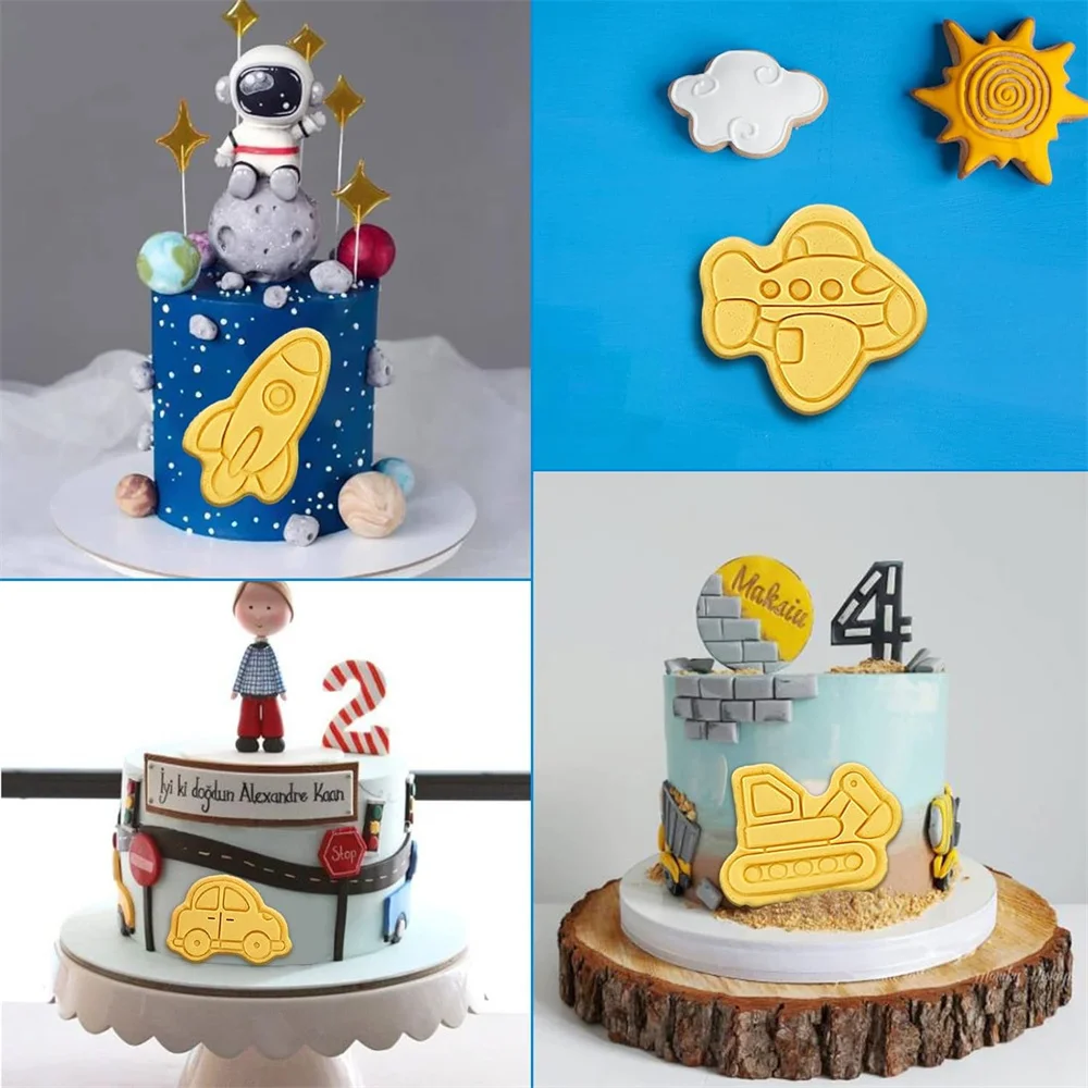 3D Cookie Cutter Stamps Airplane Car Vehicle Cartoon Pressable Stamp Cookie Molds Candy Baking Pastry Tools Baking Molds 8Pcs