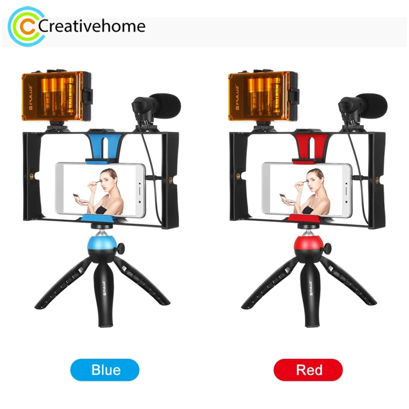 

PULUZ Vlogging Smartphone Video Cage Rig Live Broadcast LED Selfie Light Kits with Microphone & Tripod Mount & Cold Shoe Head