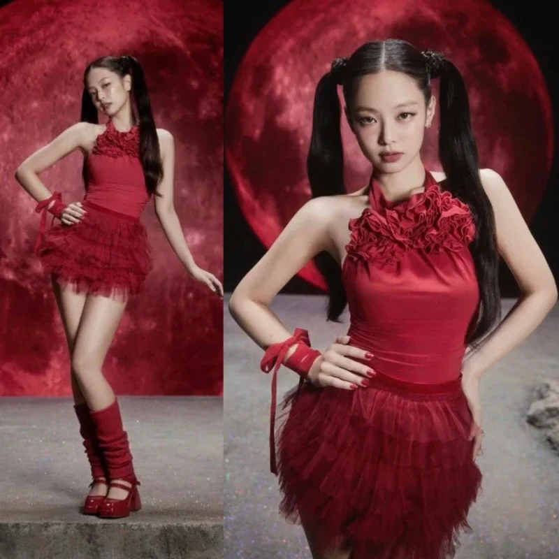 

Kpop корейский певец Y2k концерт пикантный красный без рукавов Цветочный Холтер Топ с высокой талией на шнуровке Пышная юбка Женский сценический наряд