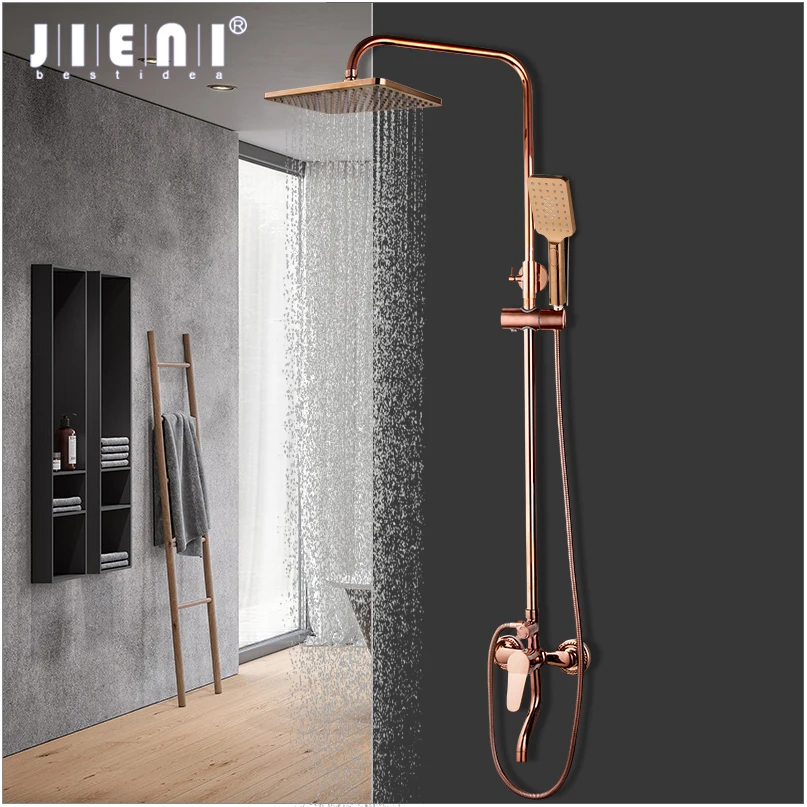 Bathroom Shower Faucet Set Luxury Rose Golden Solid Brass Handle Bathroom Bathtub Mixer Rainfall Hand Shower & Spray Facuet