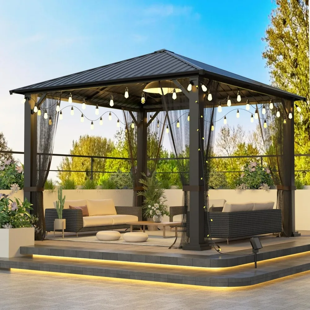 10x10 Hardtop Metal Gazebo,Heavy Duty Galvanized Steel Pergola with Mosquito Nets,Sturdy Outdoor Canopies Tent