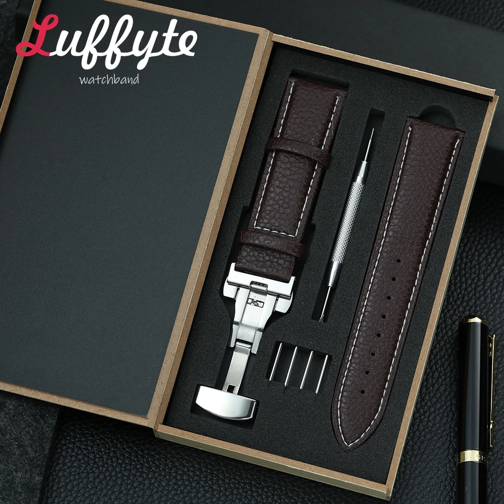 Litchi Grain Leather Watchband with Gift Box - Fashionable Business Watch Strap with Butterfly Buckle