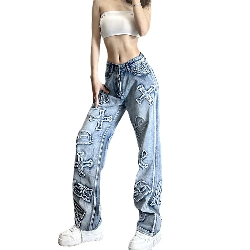 Patchwork Women\'s Jeans Y2K Streetwear Baggy Straight Cargo Pants Punk High Waist Wide Leg Denim Trousers 90s Vintage