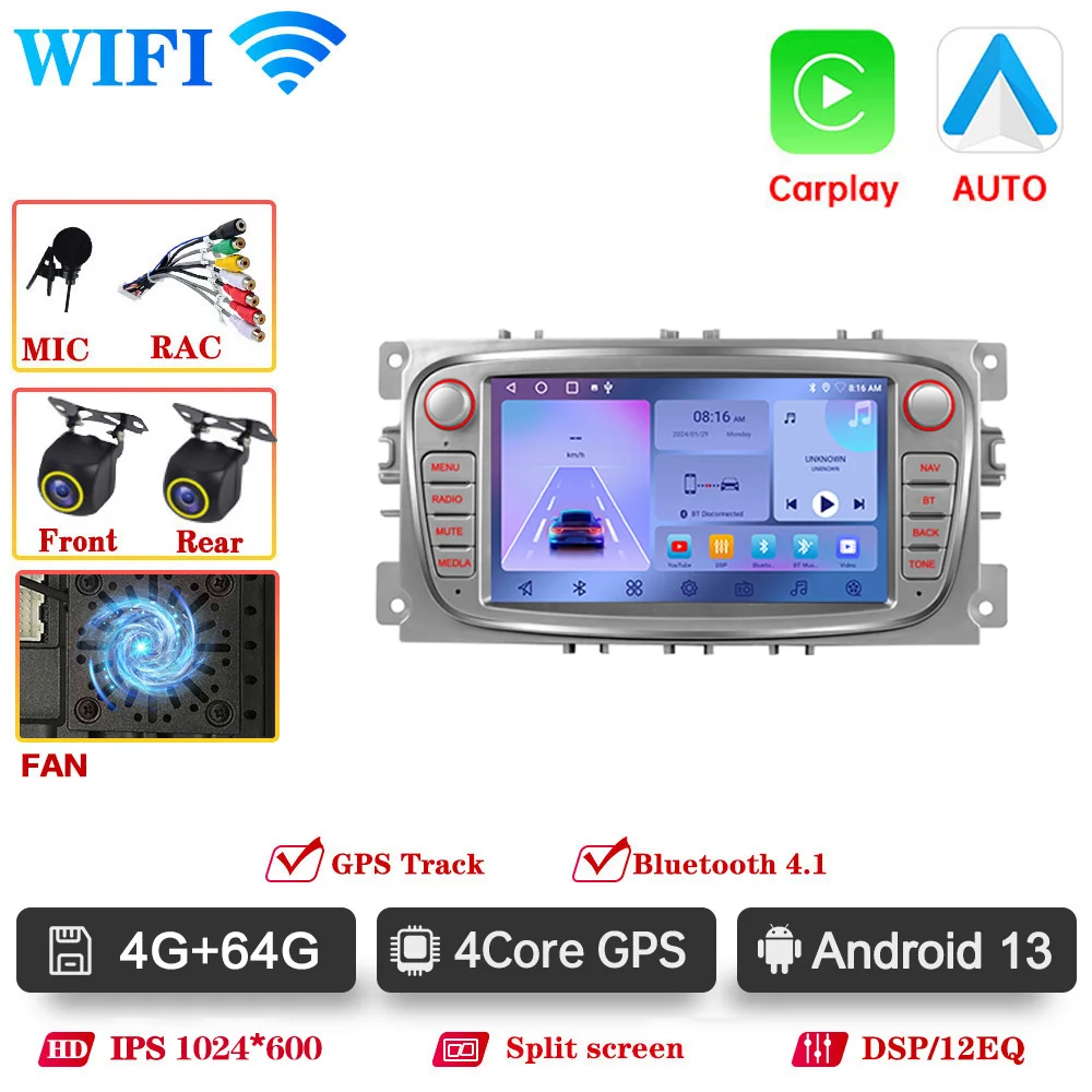 Autoradio Android 7" 4G+64G Pour Ford Focus, C-Max, Kuga, Etc. - Sans Fil CarPlay/Android Auto, GPS, WiFi, Bluetooth, Caméra De Recul