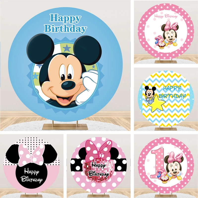 

Customized Disney Round Shape Minnie Mickey Mouse Party Backdrops Baby Shower Decoration Kids Birthday Wall Background Decors