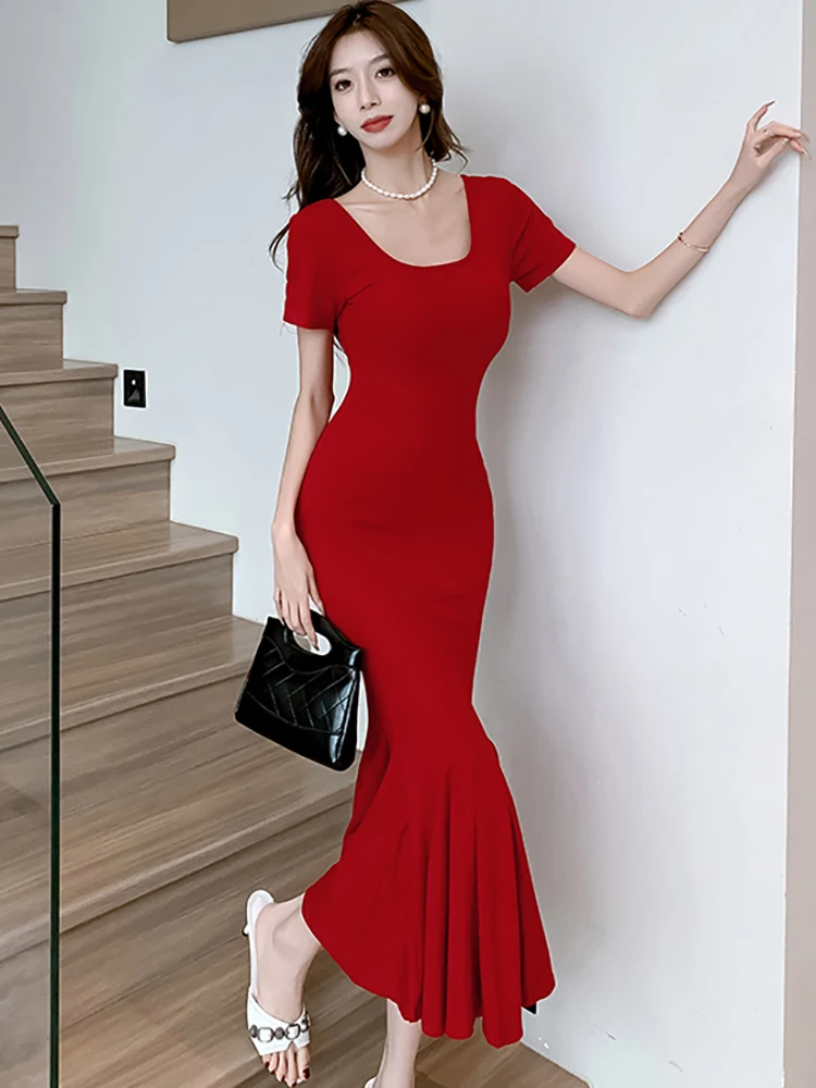 Summer Red Short Sleeve Square Collar Dress Women Luxury Elegant