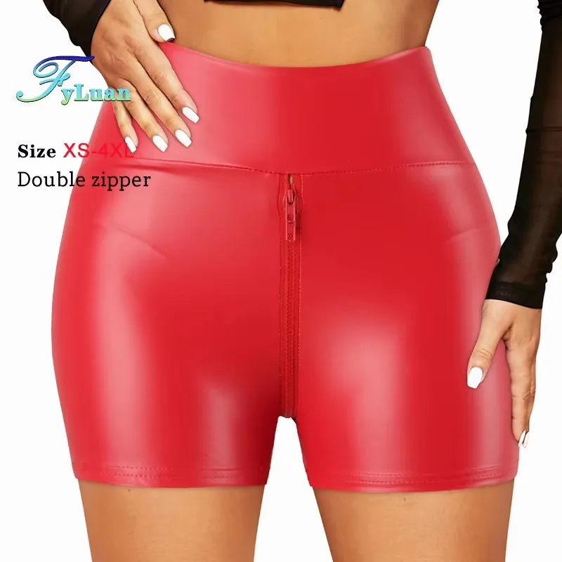 Open Front Double Zipper Women Shorts Butt Lift Slim PU Shorts High Waist Elastic Tights Pants Pole Dance Clubwear Sexy women crotchless shorts