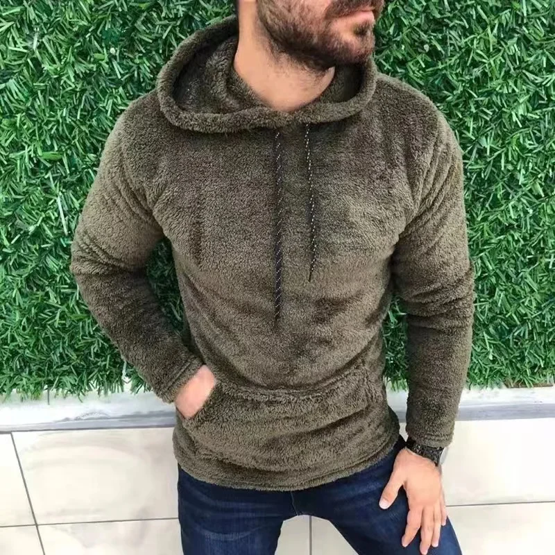 

2022 New Casual Solid Hooded Men's Long Sleeve Autumn Winter Warm Pocket Plush Fleece Hoodies Sweatshirts MaleTops