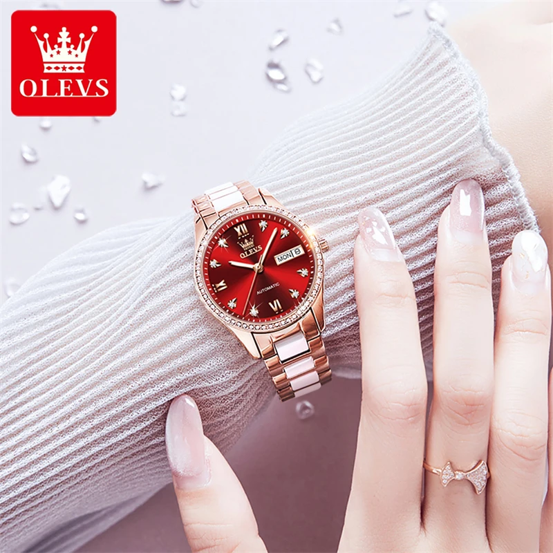 OLEVS Fashion Women Mechanical Watches Luxury Diamond Ceramic Strap Waterproof Luminous Week Calendar Automatic Watch For Women