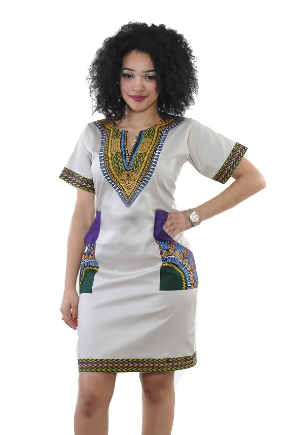 

Summer 2022 Fashion Style African Women Short Sleeve V-neck Polyester Knee-length Dress African Dresses for Women