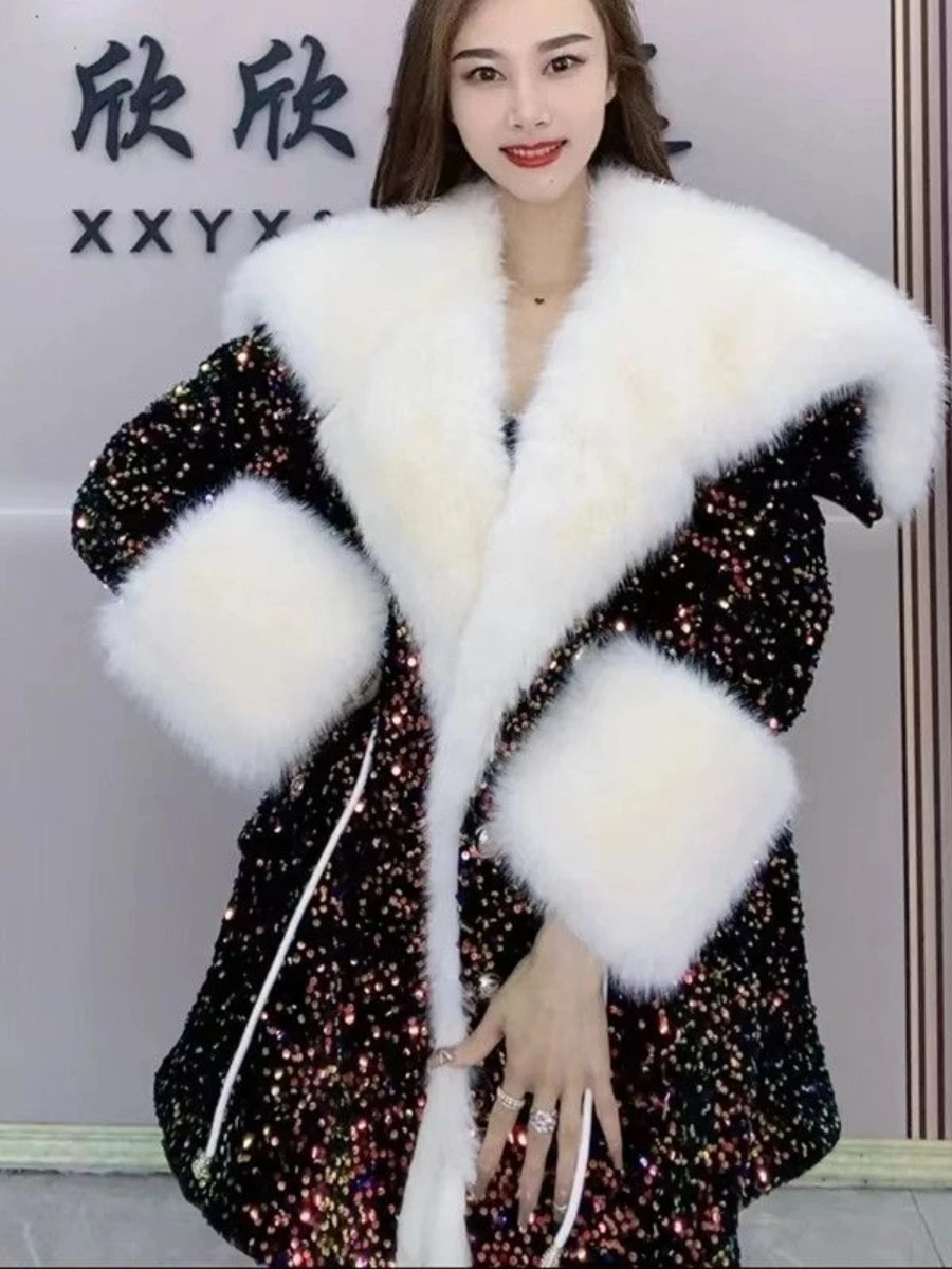 Luxury Sequins Elegant Fur Coat Fashion Plush Fleece-Lined Thickened Loose-Fit Jacket Autumn Winter Elegant Mid-Length Jackets