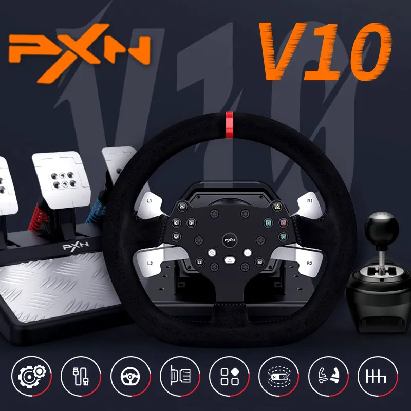 PXN V10 Force Feedback Game Steering Racing Wheel 3Pedal 6+1