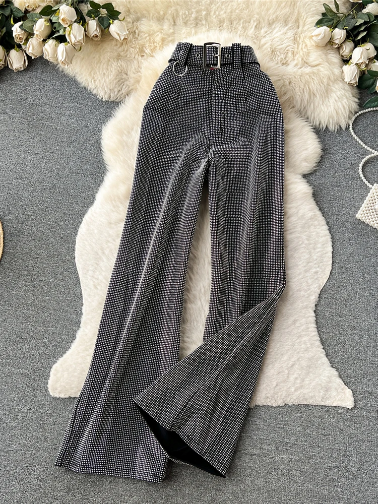 Autumn Winter Women Brown/Gray/Black/White Diamonds Long Pants Elegant Bling Shining Trouser High Waist Wide Leg Pants Femme New