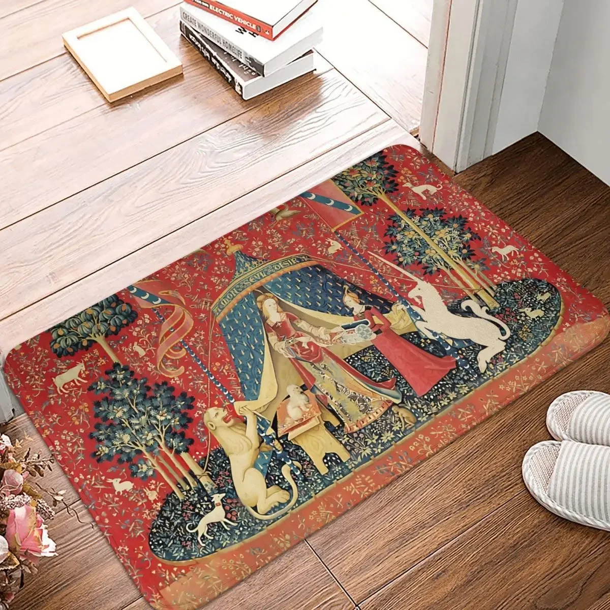 

Retro Non-slip Doormat LADY AND UNICORN DESIRE Lion Fantasy Flowers Animals Red Green Floral Carpet Living Room Mat Flannel
