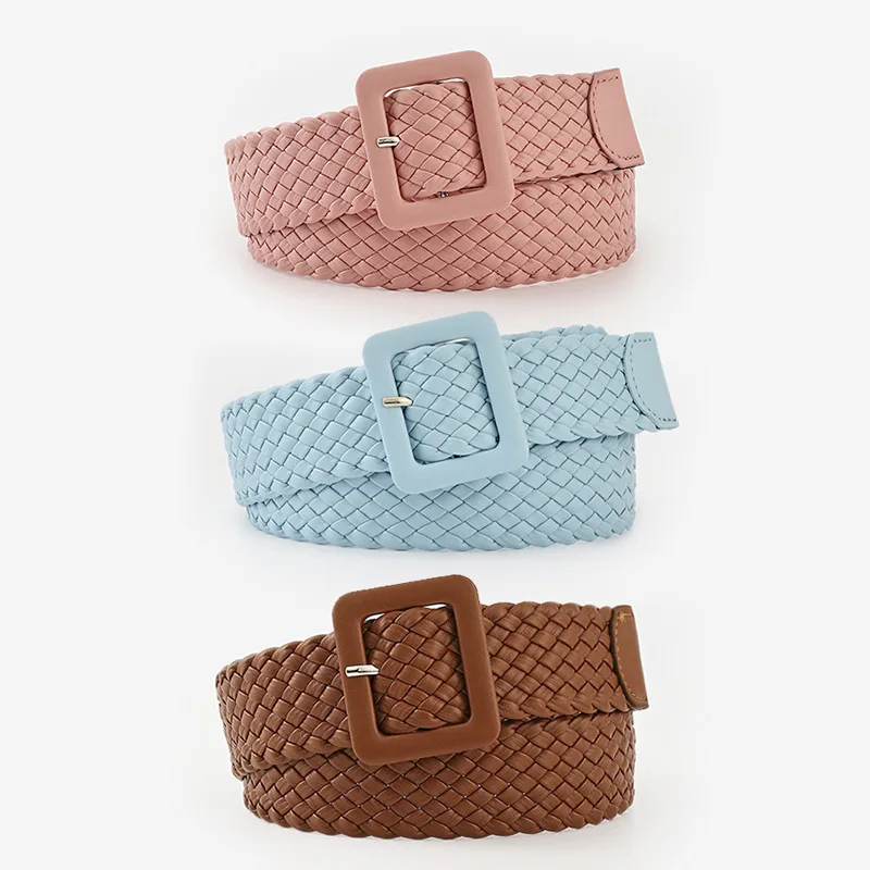 

New PU leather Knitted Pin Buckle Women Belt Woven Canvas Webbing Strap Expandable Braided Stretch Belts For Women Jeans