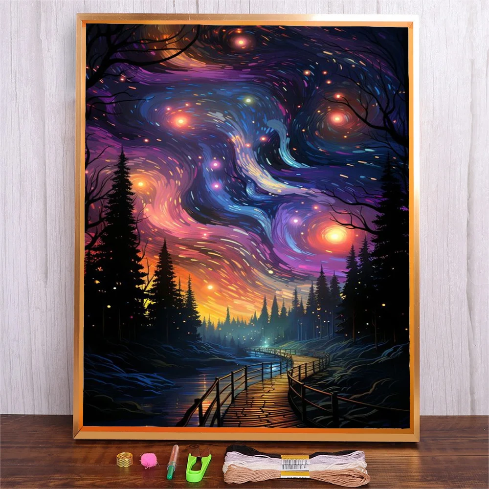 

Starry Sky Cross Stitch Kits Abstract Landscape Pattern 11ct 14ct Cotton Thread DIY Embroidery Kit Craft For Living Room Decor