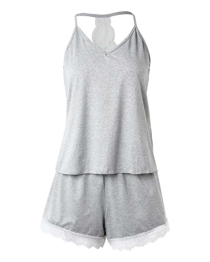 Women's Crochet Lace Pajamas Sleeveless V-Neck Set Casual Sleepwear Suit Sexy Solid Home Clothes Summer Wear 2 Pieces