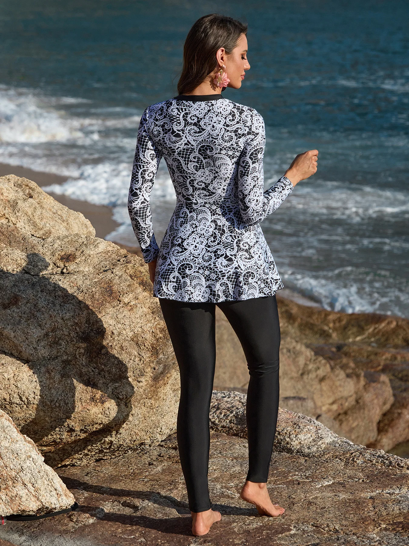 Rear view of full coverage long sleeve burkini.
