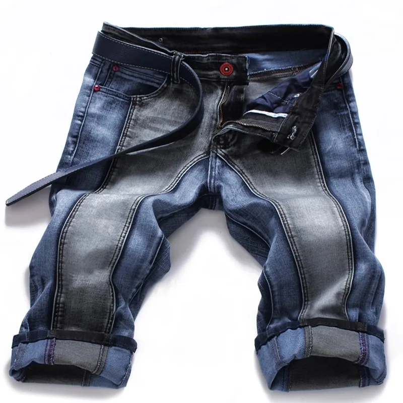 Men's Elastic Denim Shorts Summer Cropped Pants Slim Fit Patchwork Straight Jeans Shorts Plus size42 44 Cowboy Male