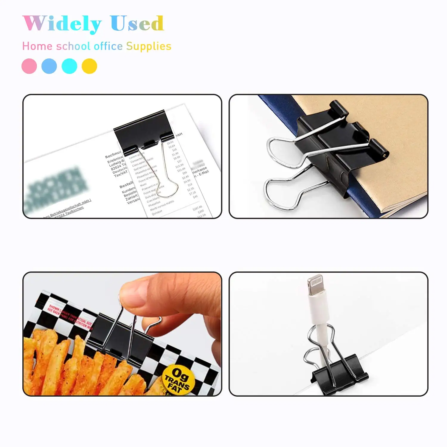 Set of 12 Black Metal Binder Clips for Office and School Supplies