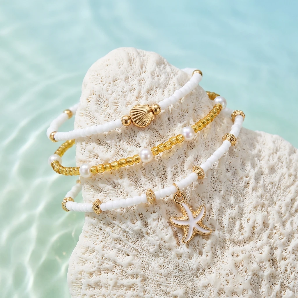 Böhmisches Mehrschichtiges Seestern-Fußkettchen für Frauen Goldfarbene Perlen Armband Beinkette Handgefertigter Sommer Ozean Strand Party Schmuck Geschenk – Detail 5