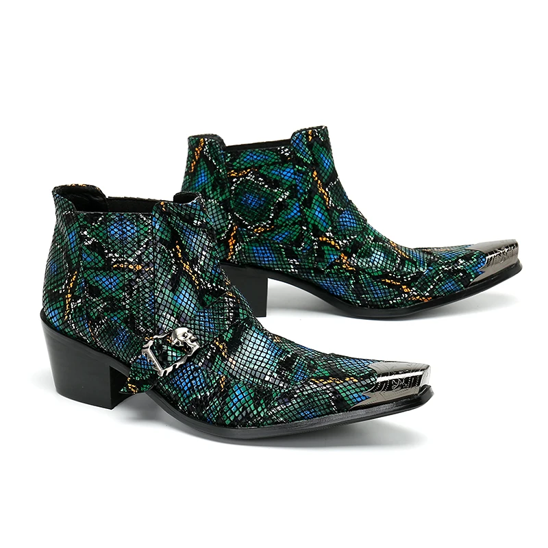 Winter Fashion Men Party Ankle Boots Snakeskin Printing Mens Leather Boots Buckle Strap Male High Heel Short Boots