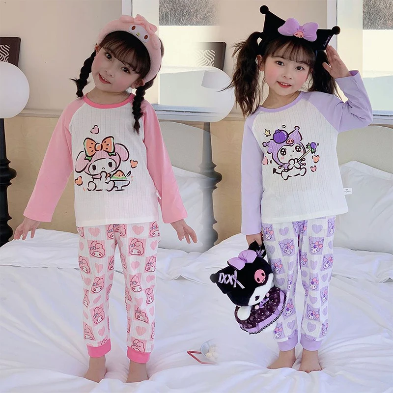 

2024 Children Pajamas Kuromi Sanrio Kawaii My Melody Cinnamoroll Clothes Girls Summer Sweet Cute Babys Home Wear Thin Kid Gift
