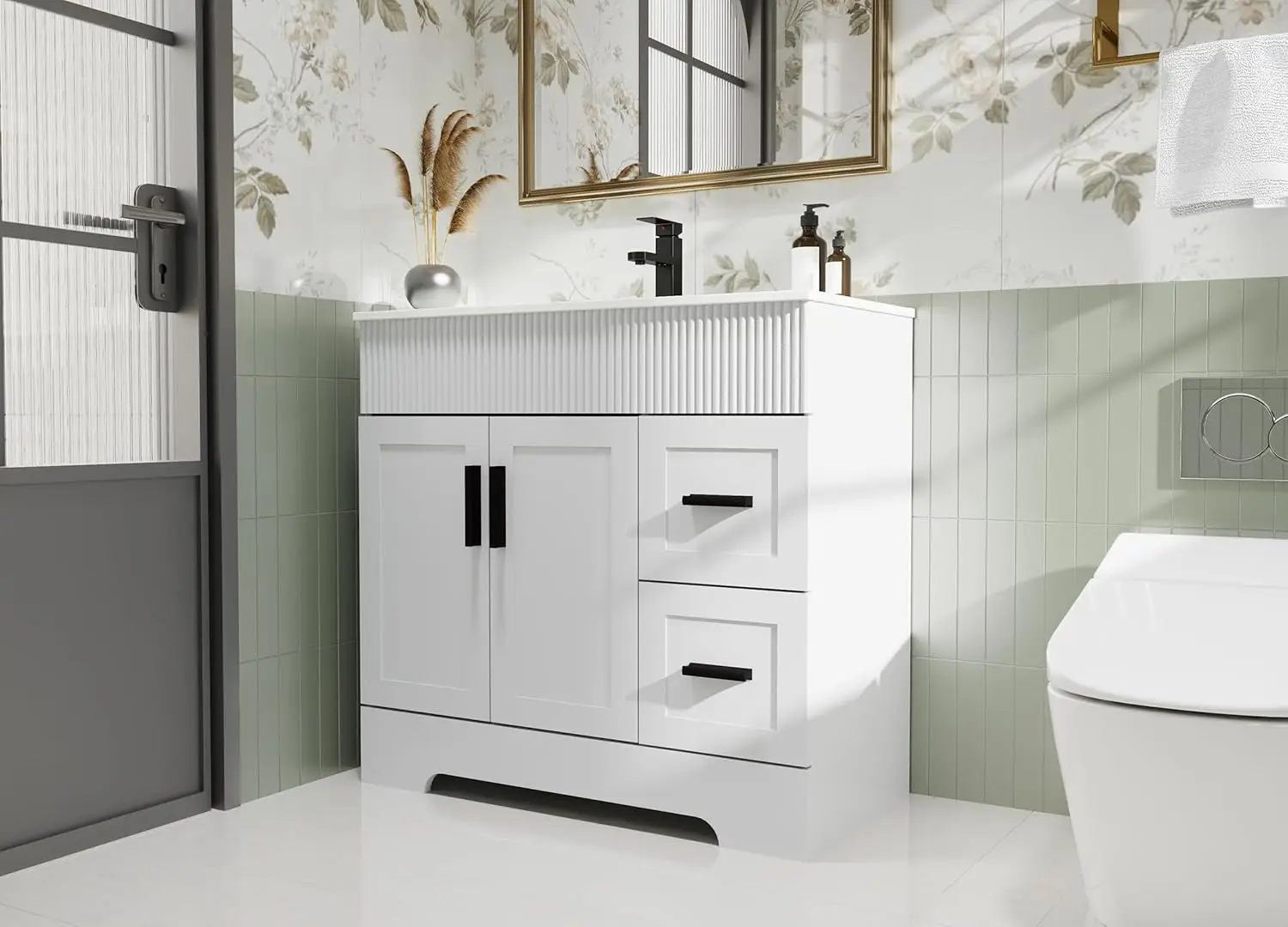 36" Bathroom Vanities Sink Combo with Painted Surface, Modern Drawered Cabinet W/Decorative Wave Lines, Undermount Single Sink 2