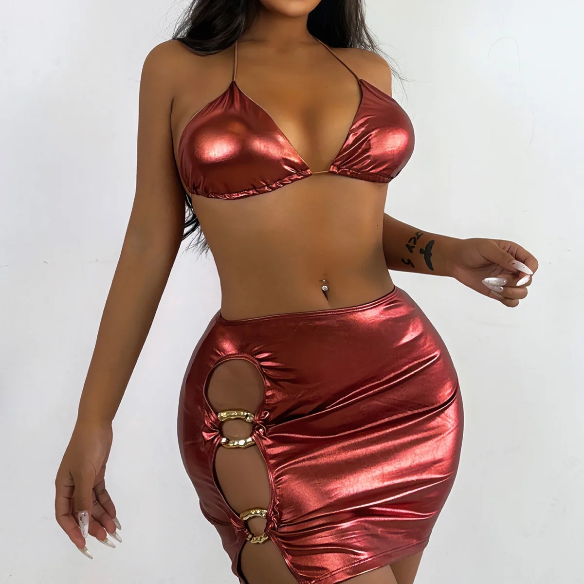 

Metallic Red Rave Top Mini Skirt Pole Dance Burning Man Festival Woman Nightclub Dance Costume Gogo Bikini Show Outfit Sexy New