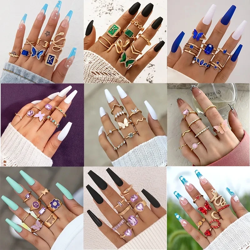 ToconaINS Trendy Butterfly Joint Ring Sets for Women Shiny Crystal Stone Geometry Alloy Party Jewelry Anillo 7pcs/sets 22487