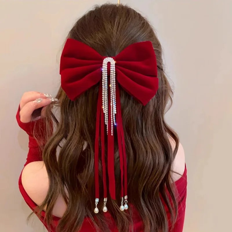 

New Vintage Velvet Crystal Tassels Bow Hair Clip Women Elegant Long Ribbon Ponytail Clip Hairpin Barrettes Girl Hair Accessories