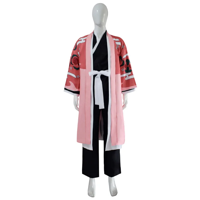 

Bleach 8th Division Captain Kyouraku Shunsui Cosplay Costume Pink Kimono Black Shinigami Attire Outfit Uniform Cloak Men