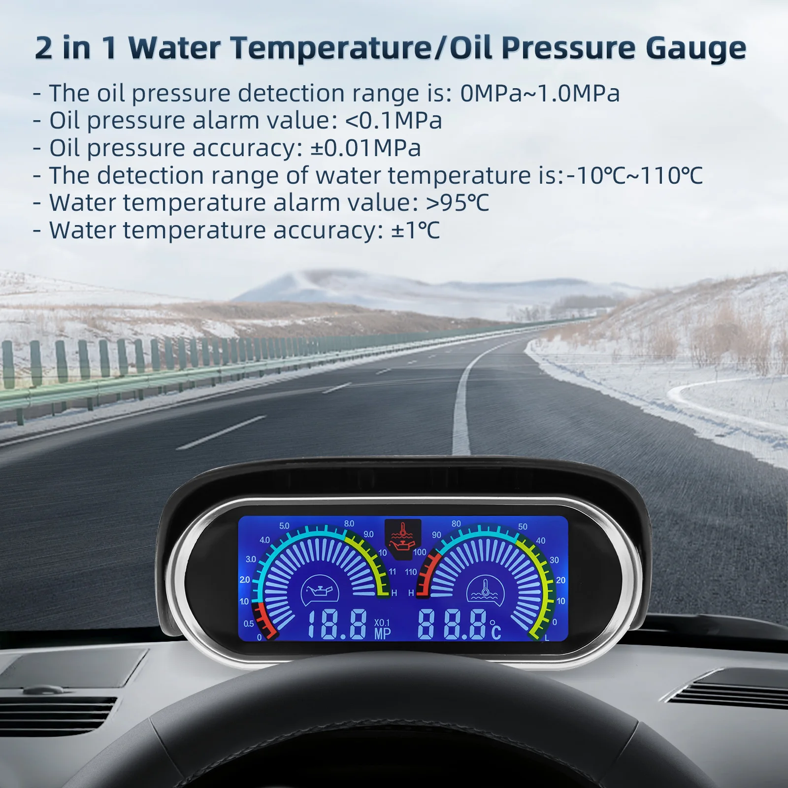 Universal 2 in 1 Car Gauges Digital Oil Pressure Gauge + Water Temperature Gauge