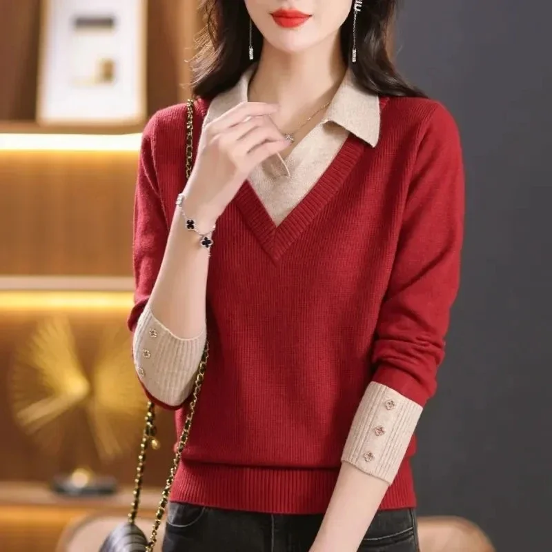 

Осенне-зимние модные свитера из 2 предметов женская одежда корейский Универсальный трикотажный топ с воротником-поло для женщин L186