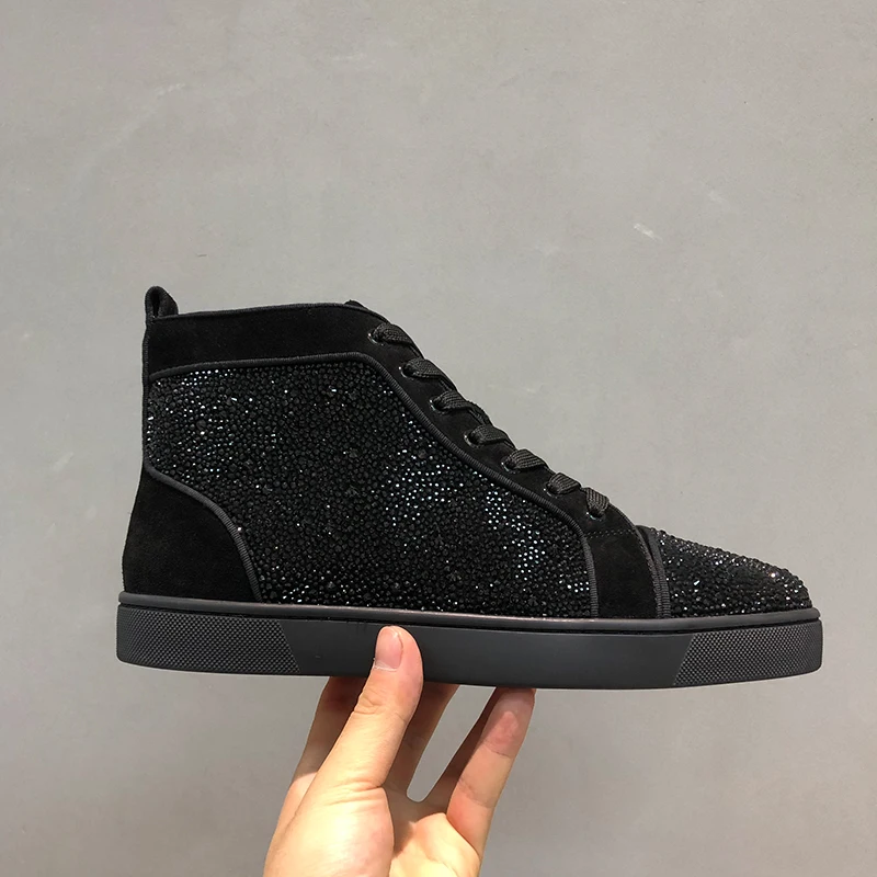 Black Suede Diamantes Bling Bling High Top Mens Sneakers Shoes Boots