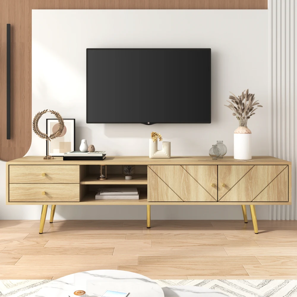 160 cm großer TV-Schrank mit goldenen Füßen – 2 Schubladen und einzigartig gestaltete Türen | Praktische Aufbewahrung für Mediengeräte/Wundergeschäfte – Detail 9